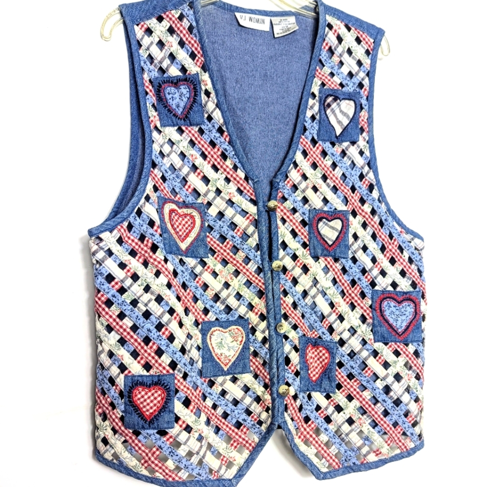Cotton 1X Vest Vintage Valentines Denim Blue, Red, White Button Front box 2